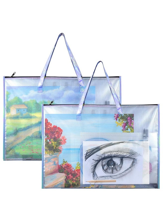 بوسوها حقيبة محفظة فنية بمقبض وسحاب، عبوة من قطعتين مقاس 48.26 سم × 63.5 سم، حقيبة تخزين ملصقات شفافة مقاومة للماء للأعمال الفنية، لوازم لوحات الرسم والرسوم البيانية والمواد التعليمية متعددة الأغراض - Image 1