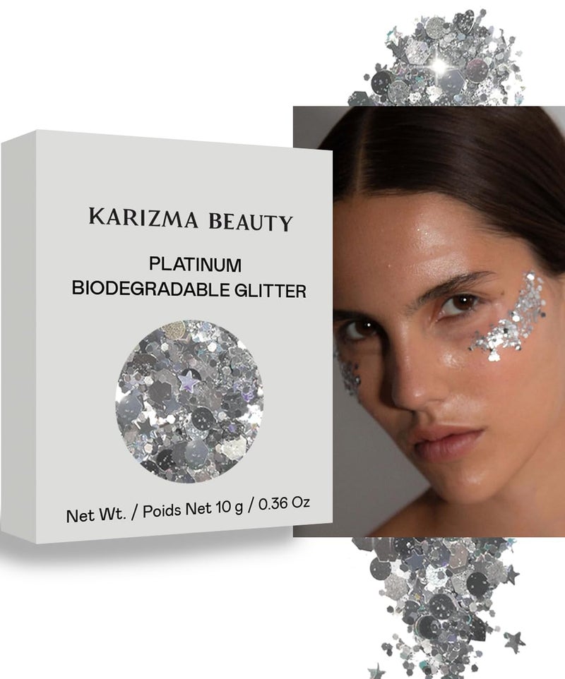KARIZMA Platinum Biodegradable Chunky Glitter  Karizma Beauty Silver Bio Glitter Eco Glitter Face Glitter Festival Chunky 10g 