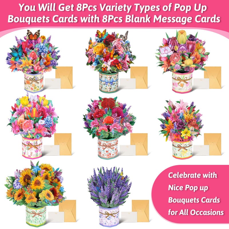 Caffox 8 Pack Paper Flower Pop Up Cards, Flower Bouquet Card Popup 3D Greeting Cards for Mother's Day, Graduation, Anniversary, Birthday, Congratulations, Get Well, Home Decor, with Envelope and Note - Image 3
