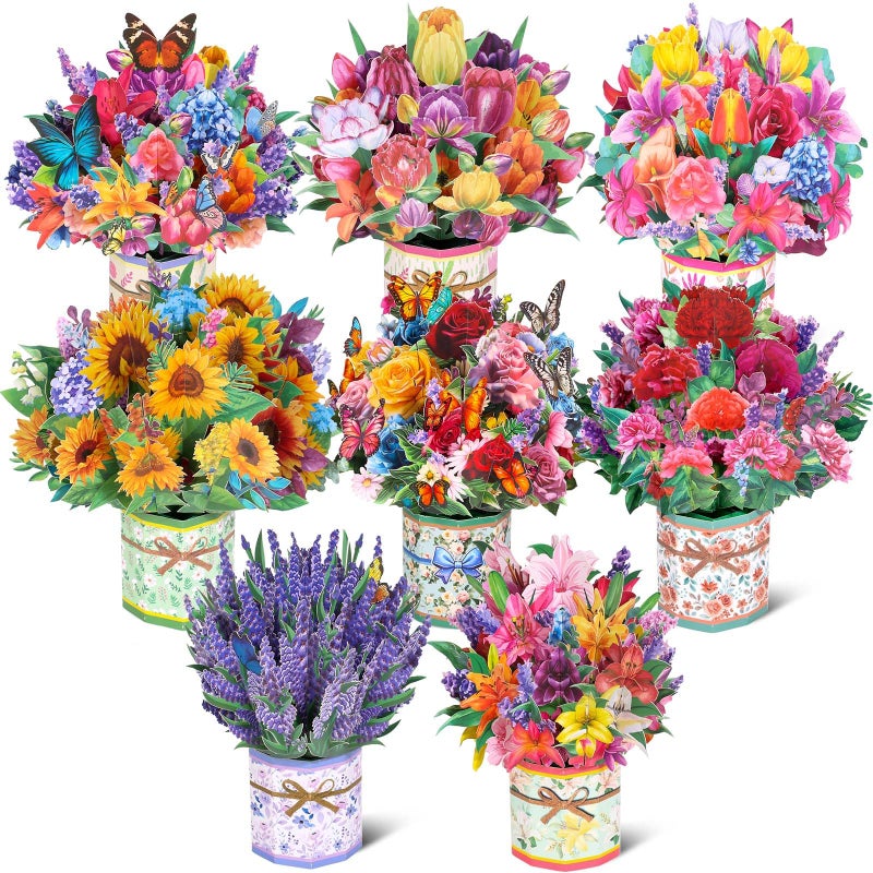 Caffox 8 Pack Paper Flower Pop Up Cards, Flower Bouquet Card Popup 3D Greeting Cards for Mother's Day, Graduation, Anniversary, Birthday, Congratulations, Get Well, Home Decor, with Envelope and Note - Image 1