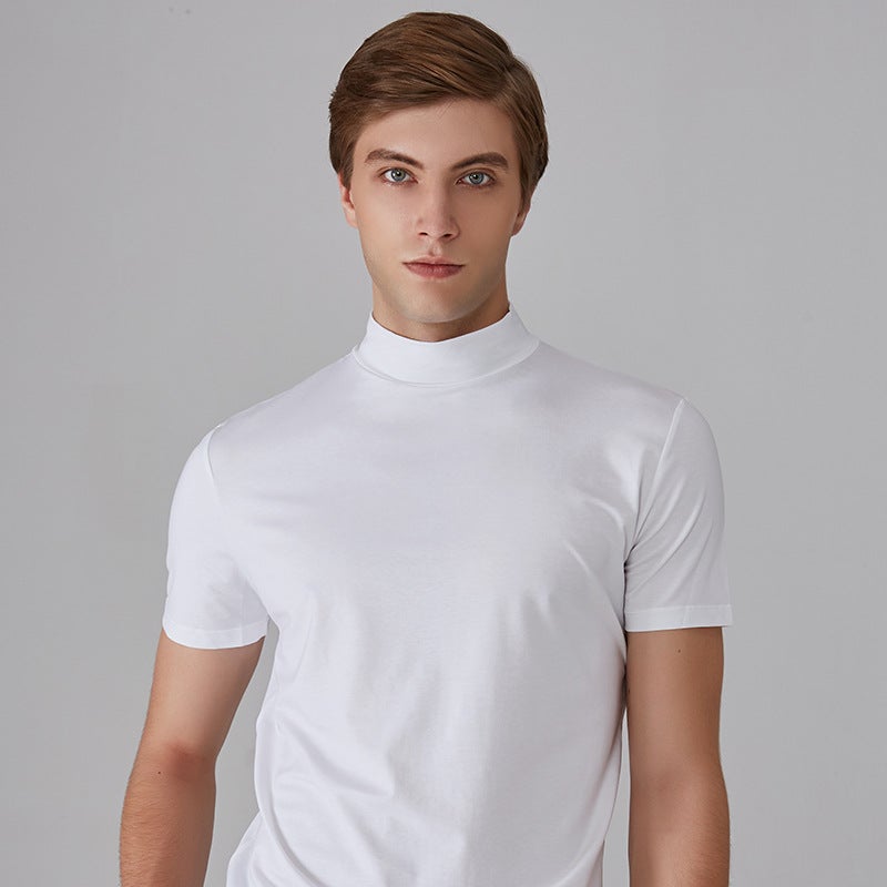 Summer short-sleeved T-shirt men's mercerized cotton slim short-sleeved solid color bottoming shirt modal half turtleneck bottoming shirt black L - Image 5