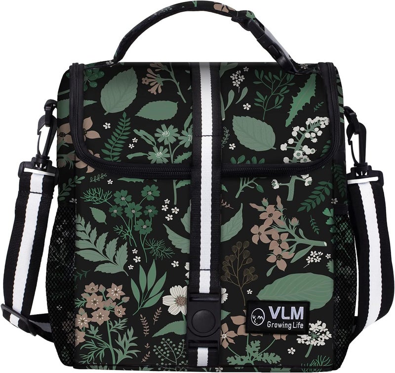 VLM Lunch Box for Women, Insulated Lunch Bag Women with Adjustable Shoulder Strap, Cute Lunch Tote Bag for Work,Picnic,Camping (Green Floral, Small) - Image 1