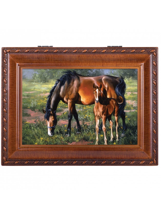 Cottage Garden Cottage Garden Horses Brown Mare Black Mane Colt Woodgrain Rope Trim Music Box Plays Wonderful World - Image 2