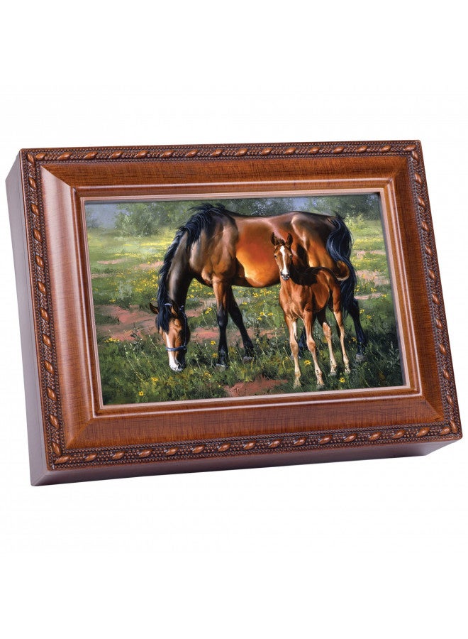 Cottage Garden Cottage Garden Horses Brown Mare Black Mane Colt Woodgrain Rope Trim Music Box Plays Wonderful World - Image 1
