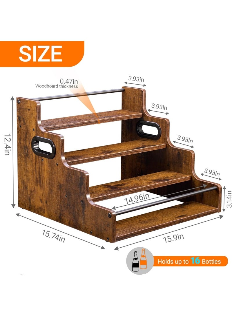4-Tier Rustic Wooden Display Shelf, countertop shelves for Spice Storage, Coffee Syrup, Water Bottle Organizer, Holds up to 16 Bottles (4-Tier)
