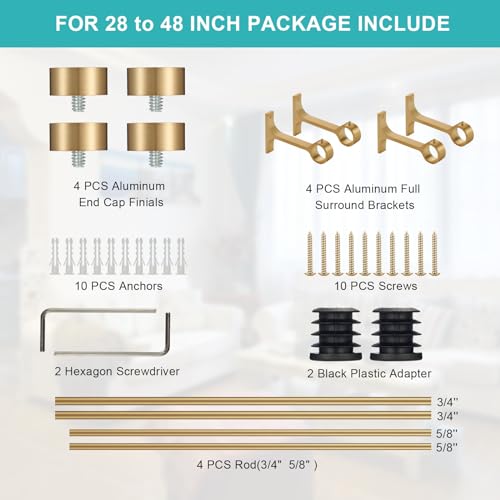 Lwiiom 2-Pack Curtain Rod for Windows 28-48",Adjustable Window Curtain Rods with Premium Aluminum End Cap Finials and Full Surround Brackets,3/4"(0.062Feet) Diameter,Warm Gold Drapery Rods for Curtains - Image 5