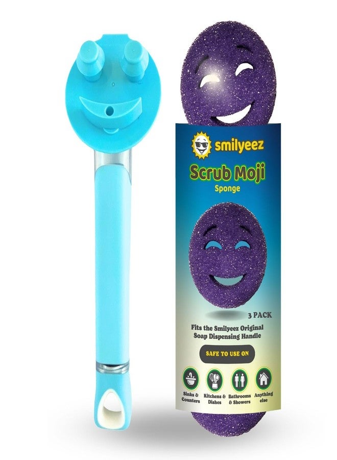 Smilyeez المقبض المبتسم الأصلي لإسفنجة سكراب دادي (علامة تجارية مسجلة) وإسفنجة سكراب موجي - (مقبض أزرق فاتح) و3 إسفنجات سكراب موجي بنفسجية - Image 1