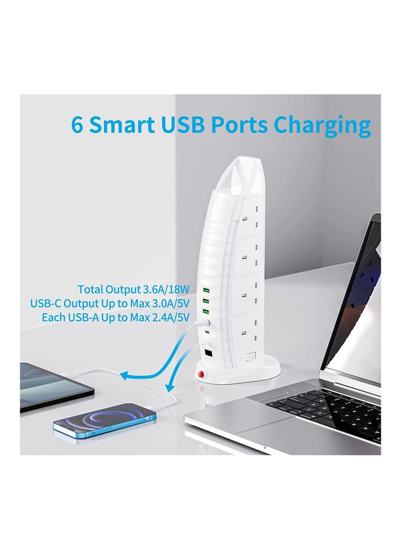 Generic - Extension Lead with USB Tower Extension Cord 8 Way Outlets 6 USB 2 Type C and 4 USB Ports 3.6A Multi Plug Extension Socket 2M Cable with Switches Vertical Power Strip - Image 1