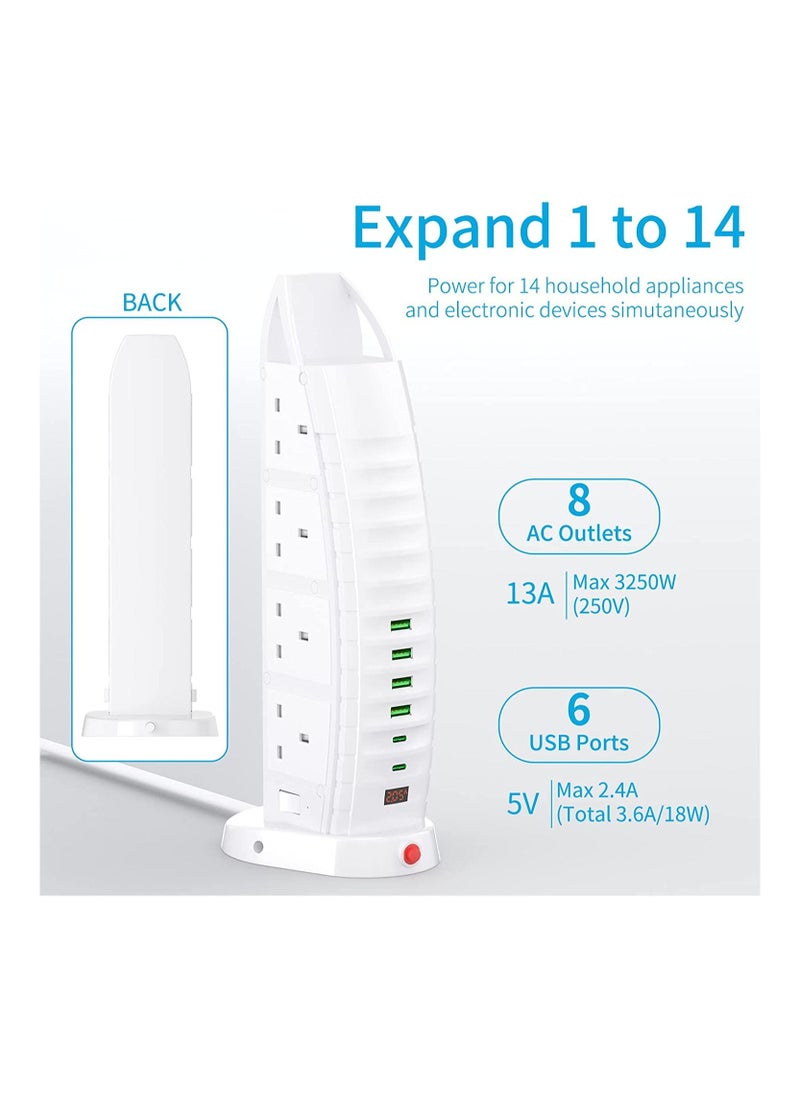 Generic - Extension Lead with USB Tower Extension Cord 8 Way Outlets 6 USB 2 Type C and 4 USB Ports 3.6A Multi Plug Extension Socket 2M Cable with Switches Vertical Power Strip - Image 1