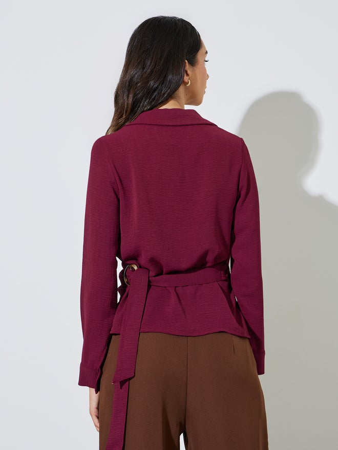 Styli Maroon Drape Wrap Top with Buckle Detail - Image 5