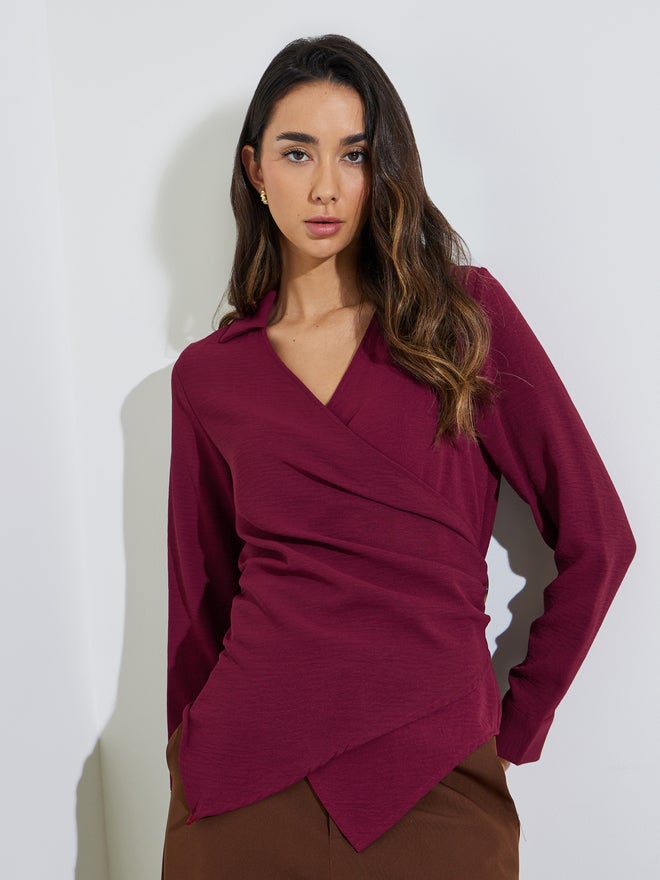 Styli Maroon Drape Wrap Top with Buckle Detail - Image 3