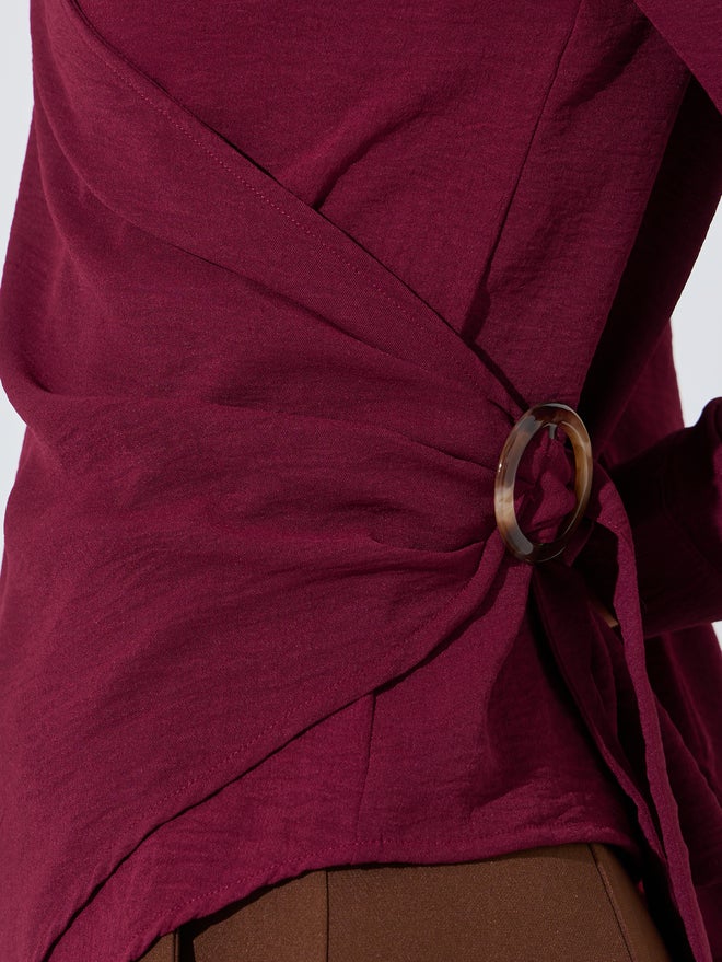 Styli Maroon Drape Wrap Top with Buckle Detail - Image 4