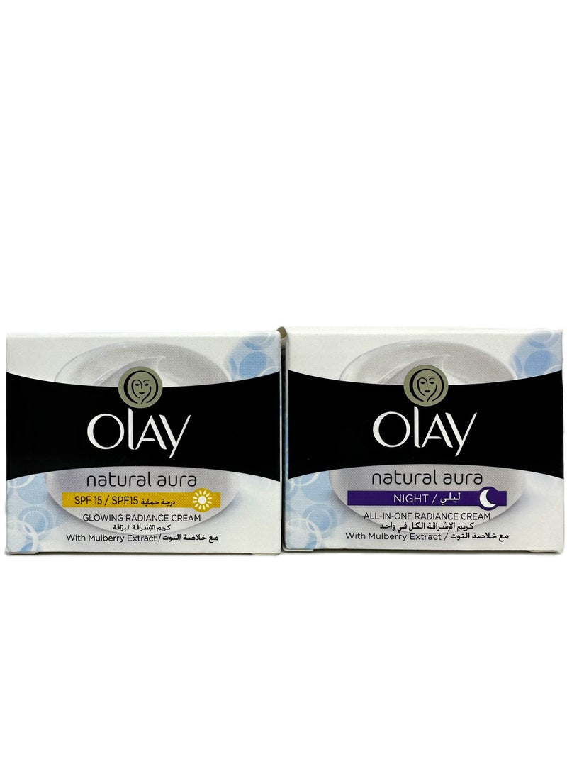 Olay Twin Pack Natural Aura Glowing Radiance SPF15 Day Cream 50ml + Night Cream 50ml With Mulberry Extract - Image 1