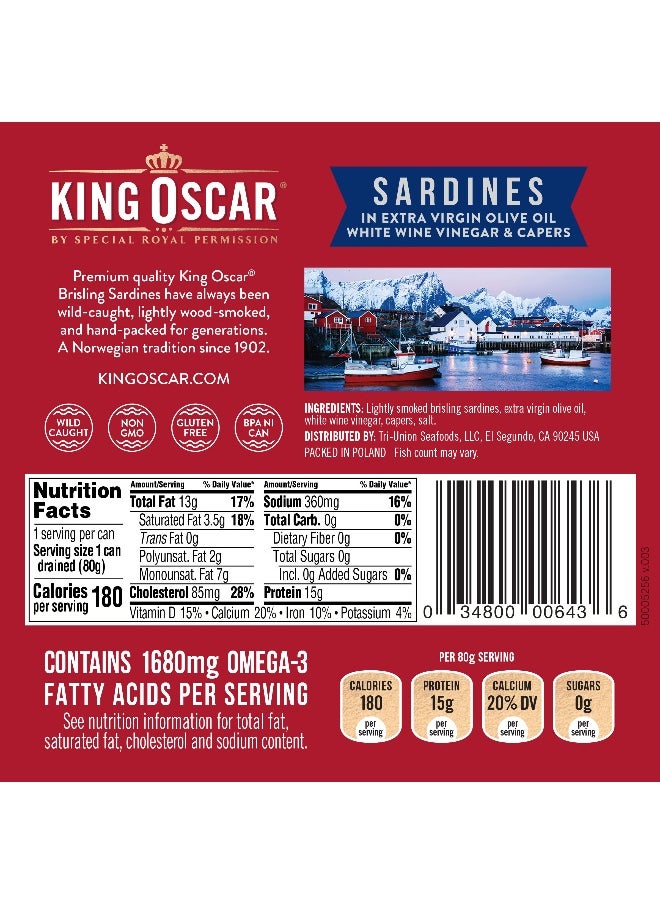KING OSCAR King Oscar, Wild Caught Sardines In Extra Virgin Olive Oil, White Wine Vinegar & Capers, 3.75 oz (106 g)  - Image 2