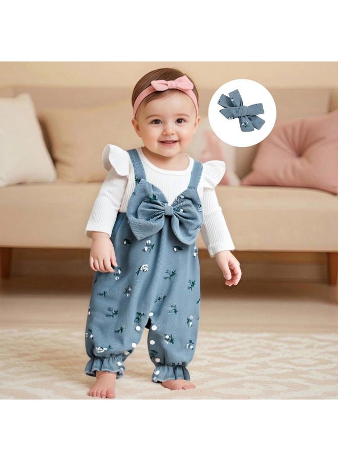 allshope Infant Baby Girl Fall Outfit Romper Floral Print Fake Two Pieces Patchwork Bow Jumpsuit Newborn Winter Clothes, Blue, 9-12 months - Image 3