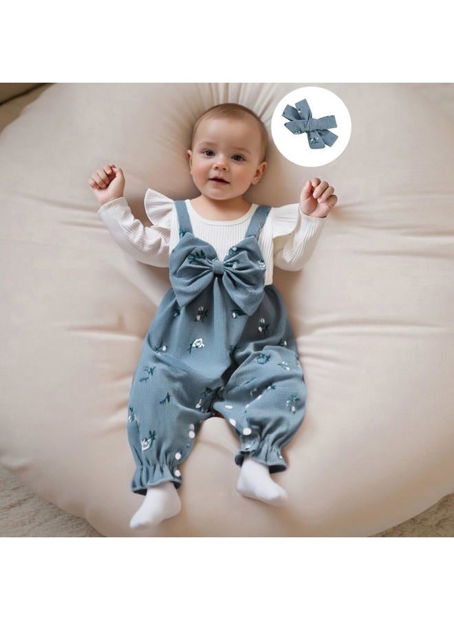 allshope Infant Baby Girl Fall Outfit Romper Floral Print Fake Two Pieces Patchwork Bow Jumpsuit Newborn Winter Clothes, Blue, 9-12 months - Image 5