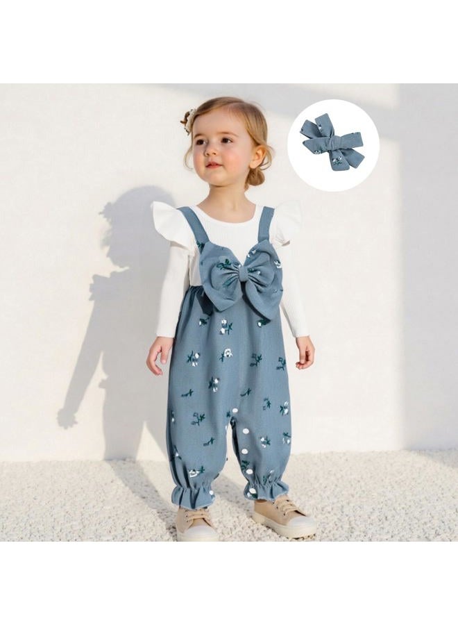 allshope Infant Baby Girl Fall Outfit Romper Floral Print Fake Two Pieces Patchwork Bow Jumpsuit Newborn Winter Clothes, Blue, 9-12 months - Image 2