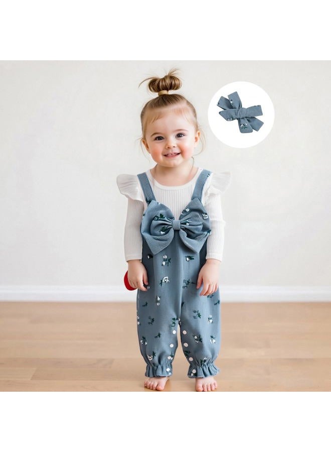 allshope Infant Baby Girl Fall Outfit Romper Floral Print Fake Two Pieces Patchwork Bow Jumpsuit Newborn Winter Clothes, Blue, 9-12 months - Image 4
