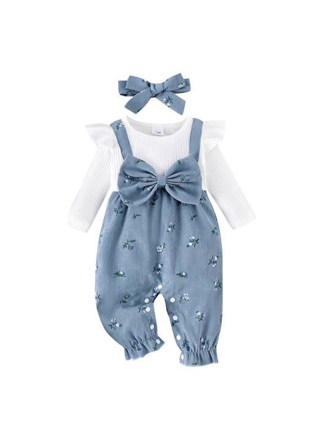 allshope Infant Baby Girl Fall Outfit Romper Floral Print Fake Two Pieces Patchwork Bow Jumpsuit Newborn Winter Clothes, Blue, 9-12 months - Image 1