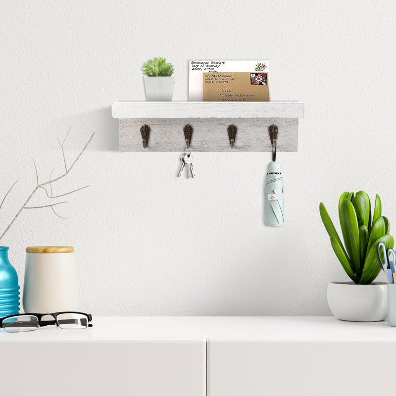 HRONRAD Rustic Key Holder for Wall, Farmhouse Wall Shelf with 4 Hooks, Wall Mounted Key Racks, Wooden Mail Organizer with Hooks for Entryway (White) - Image 2