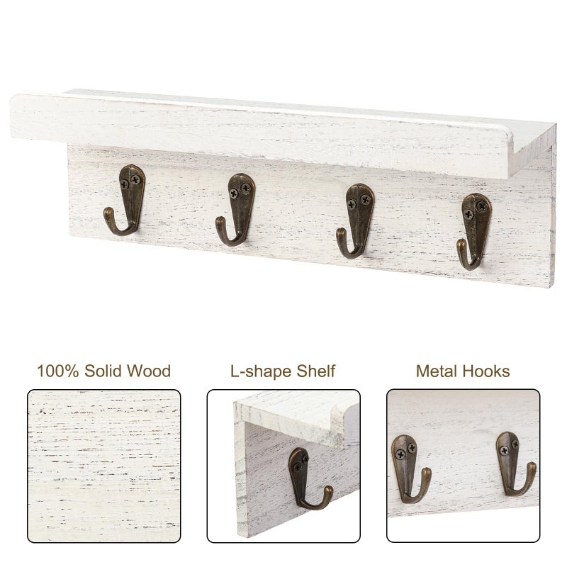 HRONRAD Rustic Key Holder for Wall, Farmhouse Wall Shelf with 4 Hooks, Wall Mounted Key Racks, Wooden Mail Organizer with Hooks for Entryway (White) - Image 4
