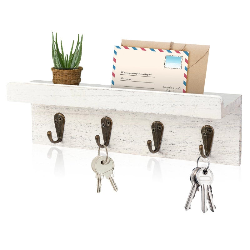HRONRAD Rustic Key Holder for Wall, Farmhouse Wall Shelf with 4 Hooks, Wall Mounted Key Racks, Wooden Mail Organizer with Hooks for Entryway (White) - Image 1