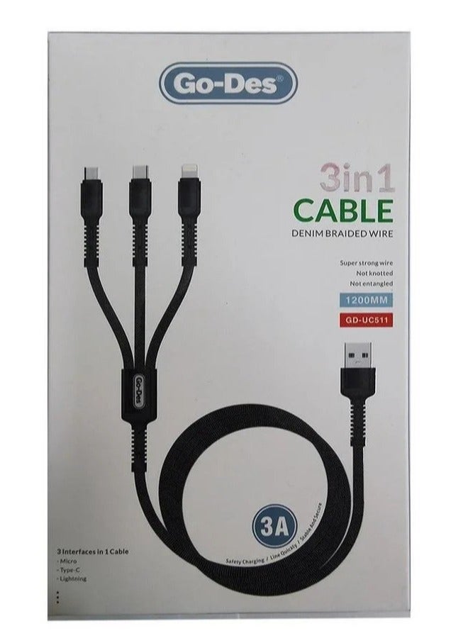 Go-Des 3-in-1 Fast Charging Data Cable: Type-C, iOS, and Micro USB, 3A, 1.2M GD-UC511V - Image 3