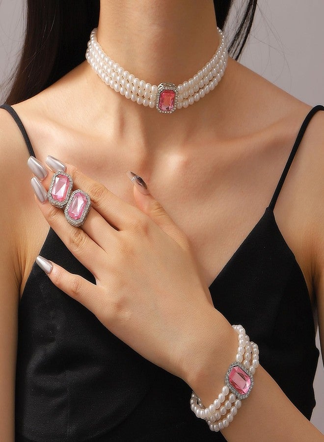ZMANYIJEW Pearl Earrings Necklace Bracelet Set for Women Wedding Rhinestone Crystal Pearl Jewelry Set Bride Bridesmaid Dainty Jewelry for Women (pink-Square) - Image 4