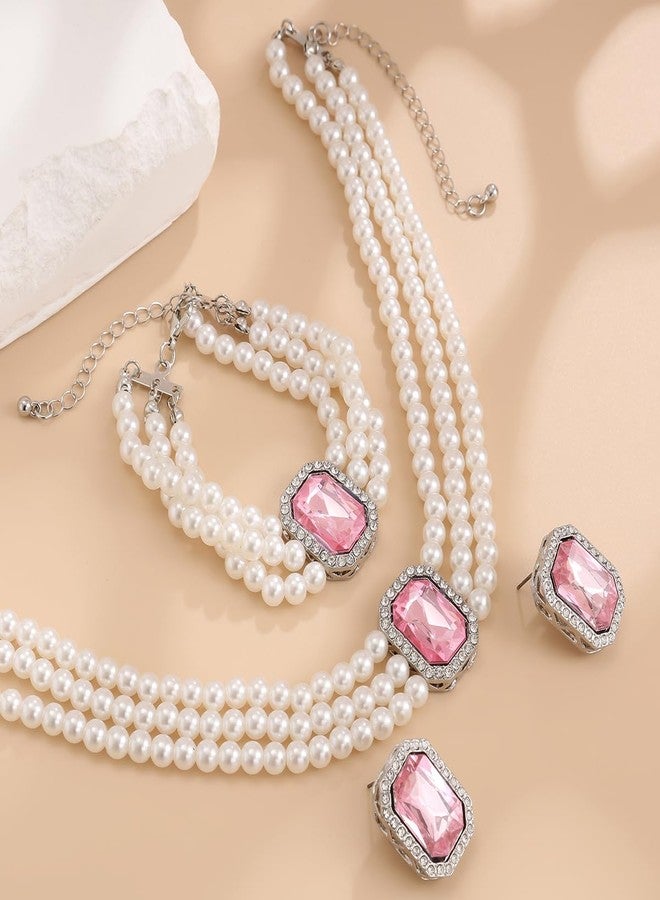 ZMANYIJEW Pearl Earrings Necklace Bracelet Set for Women Wedding Rhinestone Crystal Pearl Jewelry Set Bride Bridesmaid Dainty Jewelry for Women (pink-Square) - Image 5