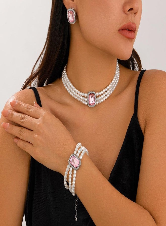 ZMANYIJEW Pearl Earrings Necklace Bracelet Set for Women Wedding Rhinestone Crystal Pearl Jewelry Set Bride Bridesmaid Dainty Jewelry for Women (pink-Square) - Image 2