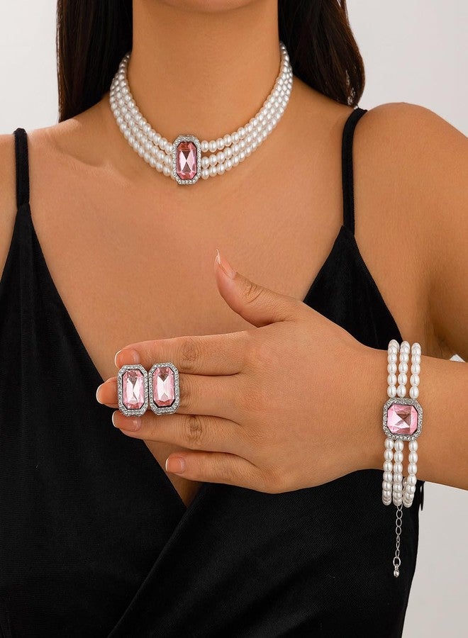 ZMANYIJEW Pearl Earrings Necklace Bracelet Set for Women Wedding Rhinestone Crystal Pearl Jewelry Set Bride Bridesmaid Dainty Jewelry for Women (pink-Square) - Image 3