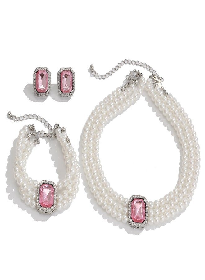 ZMANYIJEW Pearl Earrings Necklace Bracelet Set for Women Wedding Rhinestone Crystal Pearl Jewelry Set Bride Bridesmaid Dainty Jewelry for Women (pink-Square) - Image 1