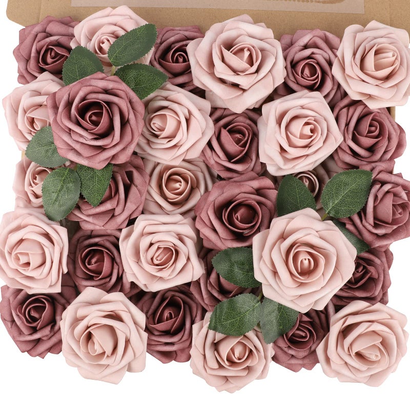 MACTING 30PCS Artificial Flower Roses Real Touch Fake Flowers with Stem Foam Roses for DIY Wedding Bouquet Table Centerpieces Party Spring Holiday Home Mothers Day DecorationsWarm Taupe Nude