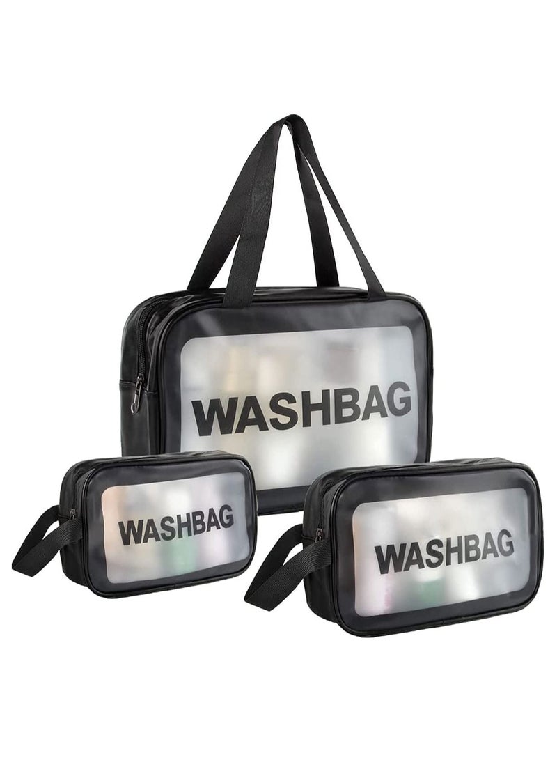 Toiletry Bag, 3Pcs Water Resistant PVC Cosmetic Bag with Zipper Closure & Carry Handle Portable Makeup Organizer Pouch Set for Travel, Bathroom and Organizing (Black) - Image 1