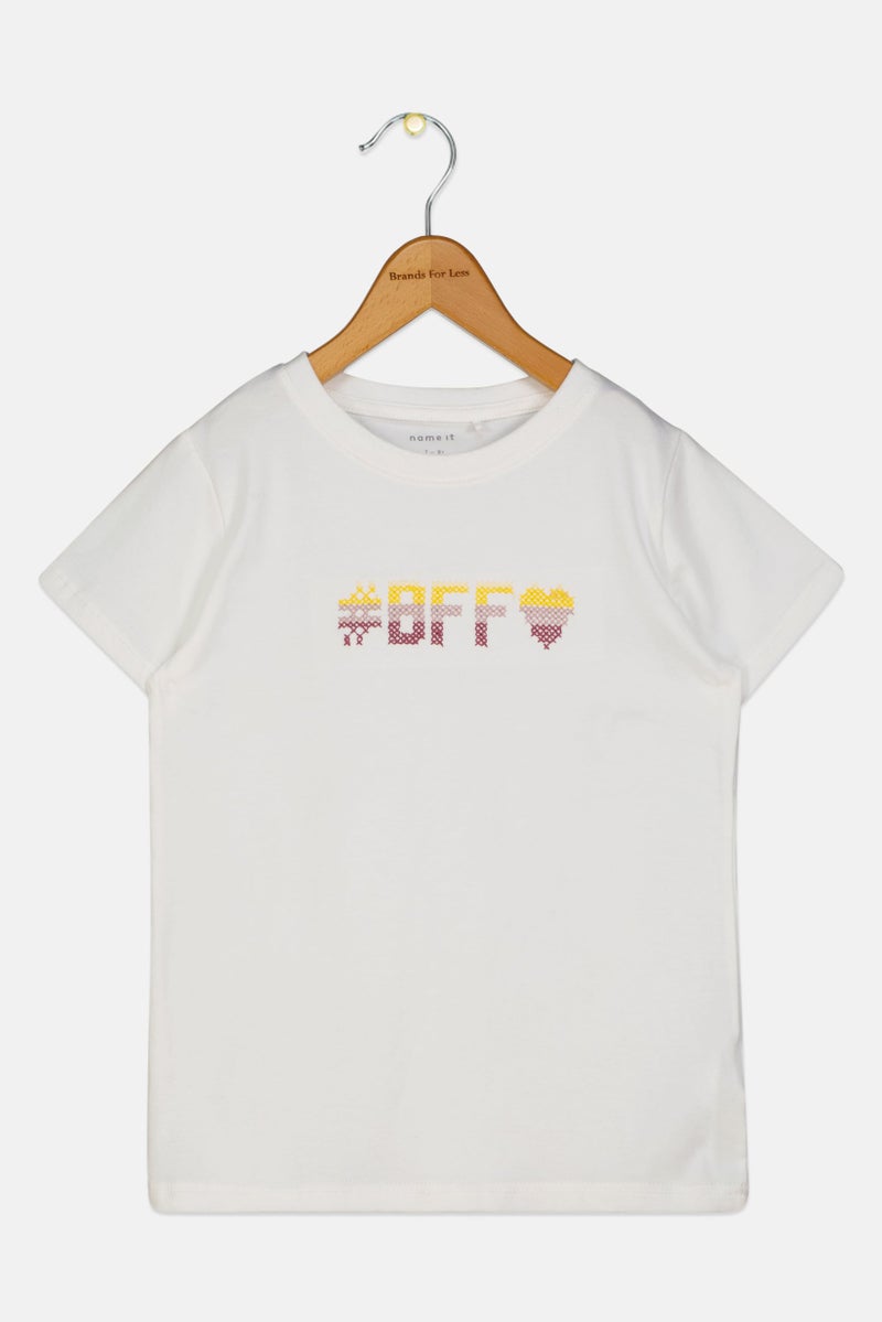 NAME IT Kids Girl Embroidered Short Sleeve T-Shirt, White - Image 1