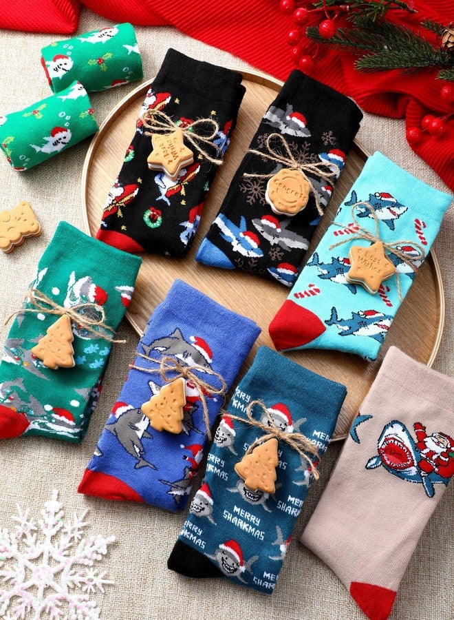 مجموعة جوارب عيد الميلاد من شايوين، ٨ أزواج، بتصميم أسماك القرش، هدية مثالية لمحبي الحياة البحرية من الكبار والمراهقين، تُوضع داخل جوارب عيد الميلاد. - Image 2