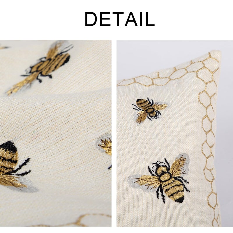 RinRinfam Honeycomb Throw Pillow Cover 12x 20, Gold Embroidered Bumble Lumbar Linen Pillow Cushion Case, Bee Farmhouse Home Decor for Outdoor Couch Bedroom Car - Image 2