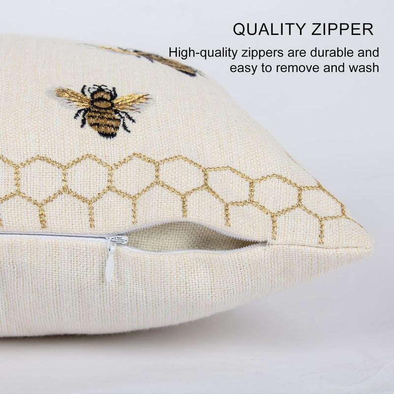 RinRinfam Honeycomb Throw Pillow Cover 12x 20, Gold Embroidered Bumble Lumbar Linen Pillow Cushion Case, Bee Farmhouse Home Decor for Outdoor Couch Bedroom Car - Image 5