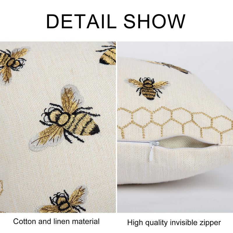 RinRinfam Honeycomb Throw Pillow Cover 12x 20, Gold Embroidered Bumble Lumbar Linen Pillow Cushion Case, Bee Farmhouse Home Decor for Outdoor Couch Bedroom Car - Image 3