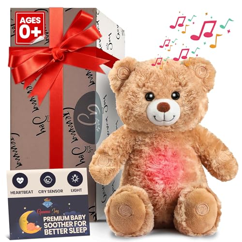 Gemma Joy Bedtime Baby Soothers for Sleep Cry Activated Heartbeat Stuffed Animal for Baby Newborn Calming Light Lullaby Music White Noise Shush and Mothers Heartbeat Bear Rechargeable