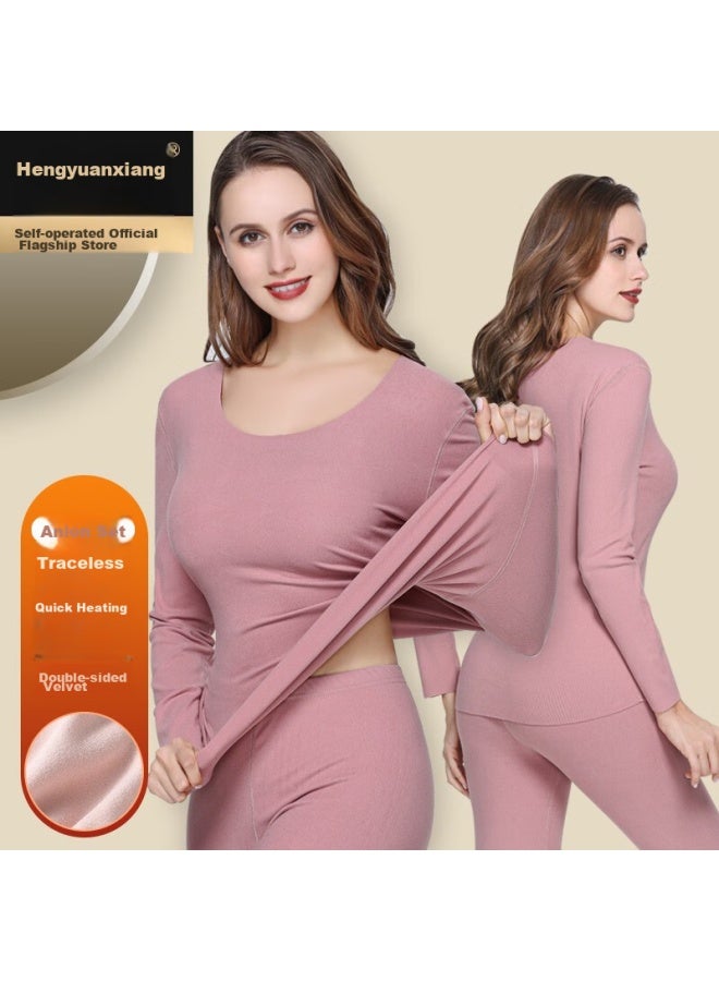 Hengyuanxiang Hengyuanxiang [best- 50,000 Sets] Women's Thermal Underwear Set, Thick Brushed Seamless Cuttable Warm Base Layer For Men And Women, Light Pink  - Image 1