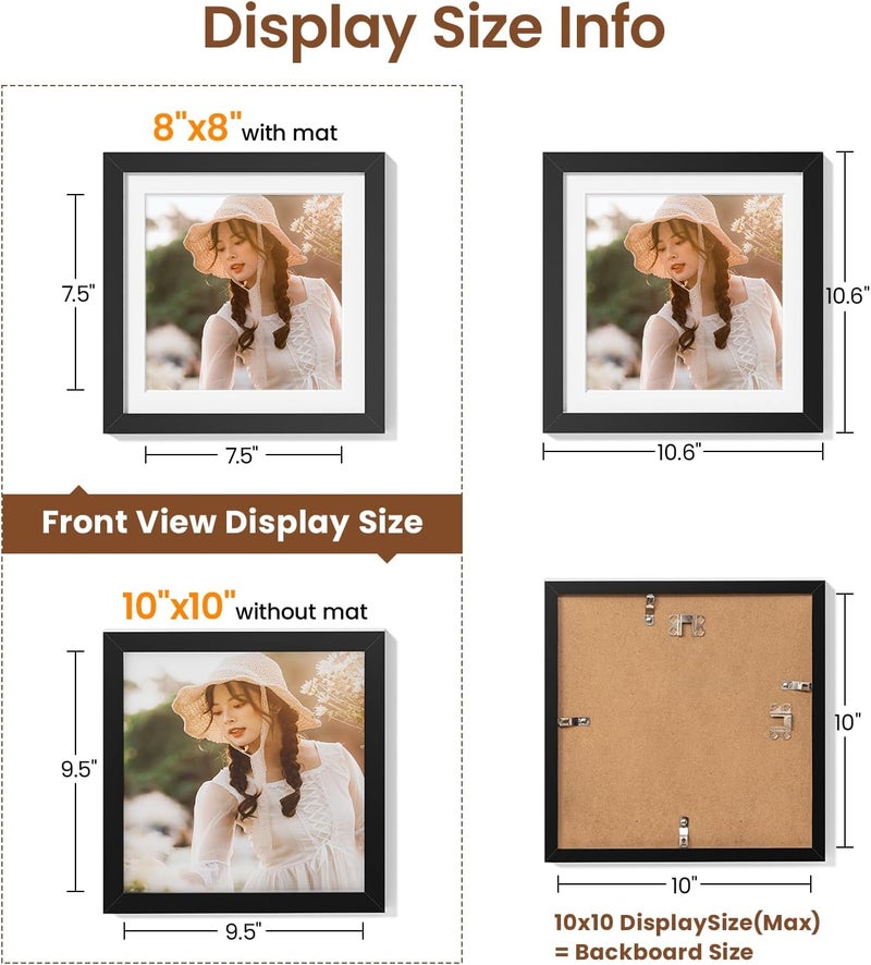 Heimlove طقم إطارات صور 10x10 من 5 قطع، عرض صور 8x8 مع إطار أو 10x10 بدون إطار، أسود، إطارات صور 8x8 للعرض على الطاولة أو تعليق على الحائط للملصقات والشهادات والمستندات والصور واللوحات - Image 4