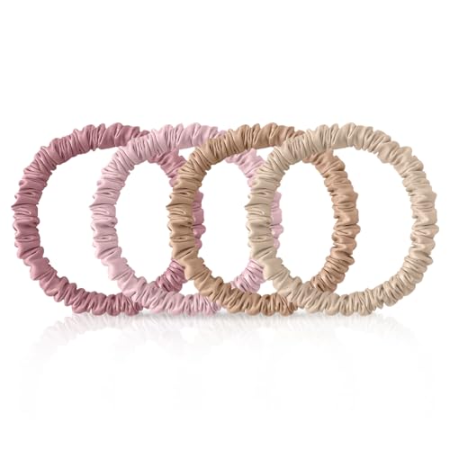 Srevela 4Pcs 100 Mulberry Silk Scrunchies Hair Care 22 Momme Mulberry Silk Skinny Hair Ties Elastic Hair Ties Scrunchies Set Women Curly Thin Hair BeigeBlondePinkPlum Purple - Image 1