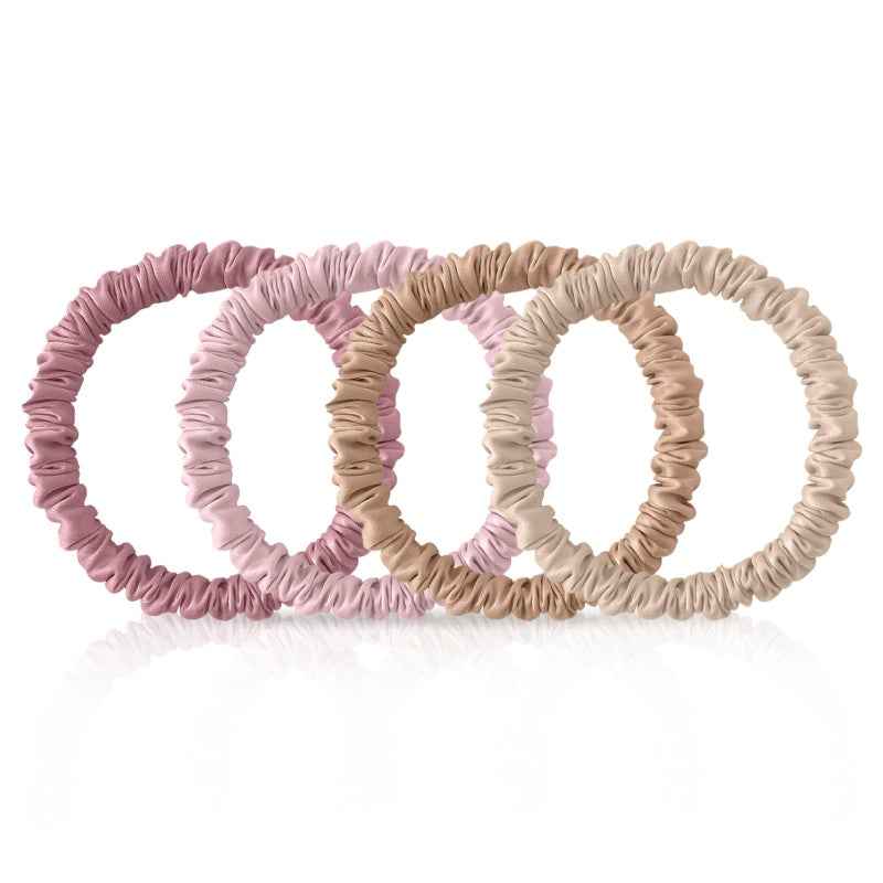 Srevela 4Pcs 100 Mulberry Silk Scrunchies Hair Care 22 Momme Mulberry Silk Skinny Hair Ties Elastic Hair Ties Scrunchies Set Women Curly Thin Hair BeigeBlondePinkPlum Purple - Image 3