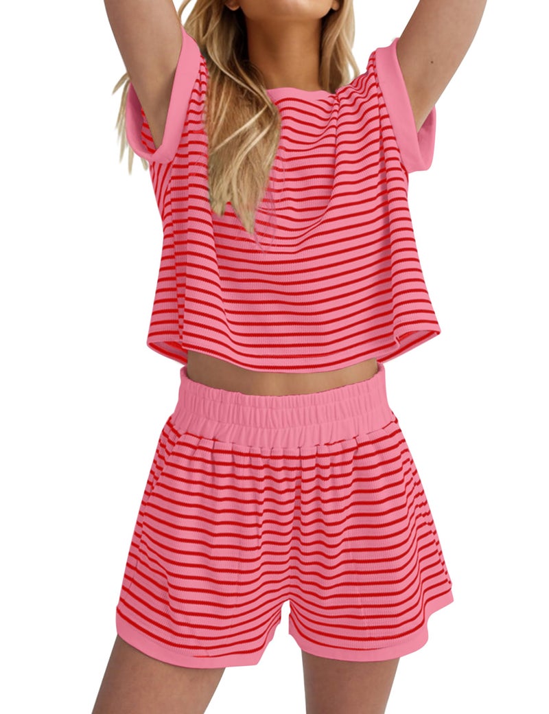 MISSACTIVER 2 Piece Lounge Set Women Stripe Knit Short Sleeve Tee Shirts Shorts Casual Summer Loungewear Shorts Sets - Image 1