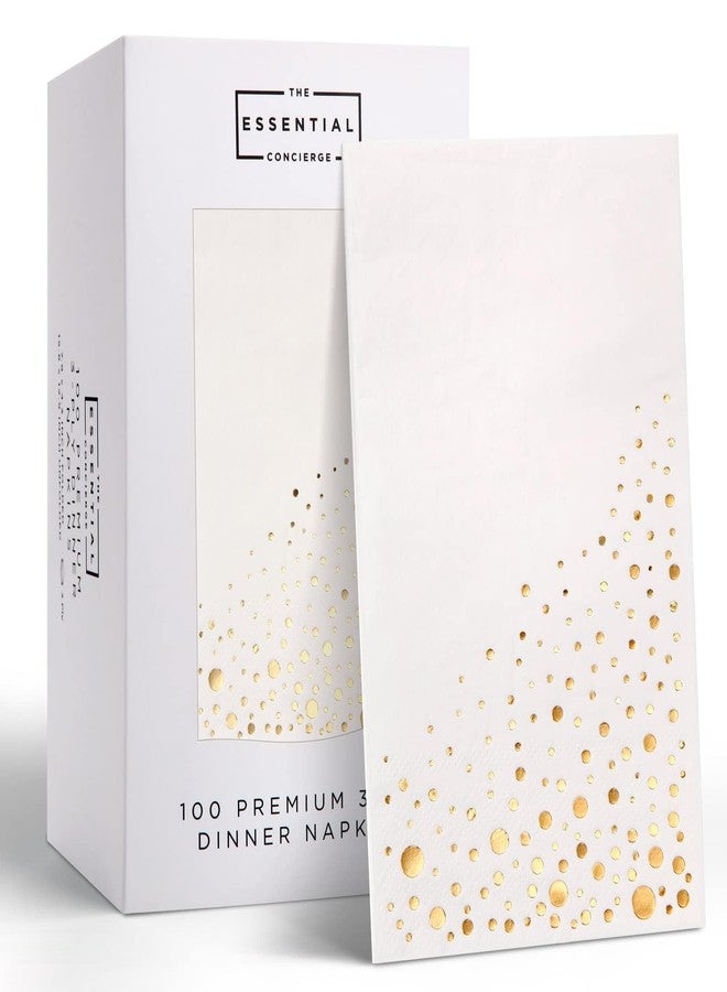 The Essential Concierge 100 Pack Gold & White Disposable Napkins, 7.5 x 4.25 Inch, 3-Ply Paper Napkins for Party, Wedding, or Everyday Use - Image 1