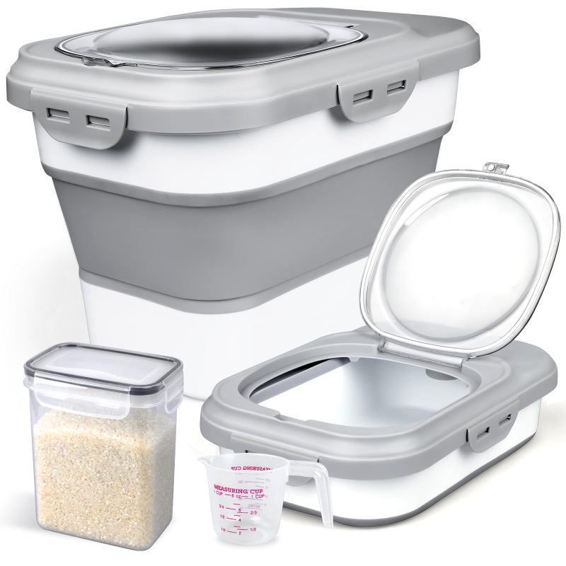 Komzon Rice Storage Container, Collapsible Airtight Food Storage Containers 6-20 Lbs, Rice Dispenser with Measuring Cup and Small Bin for Flour Cereal Pasta Grain, Cat Pet Dog Bird Food Container - Image 1