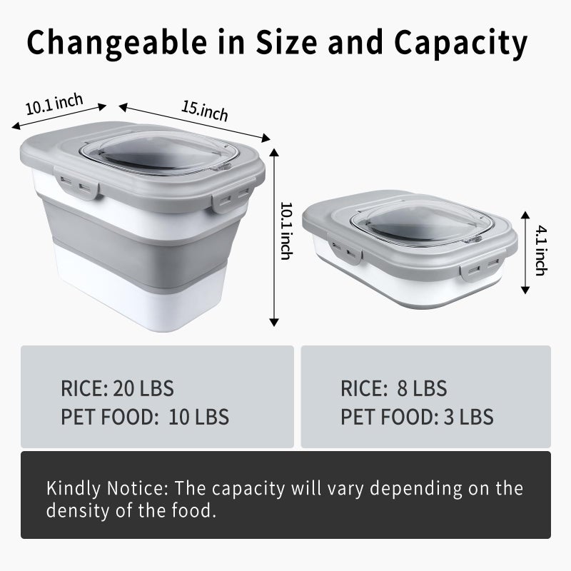 Komzon Rice Storage Container, Collapsible Airtight Food Storage Containers 6-20 Lbs, Rice Dispenser with Measuring Cup and Small Bin for Flour Cereal Pasta Grain, Cat Pet Dog Bird Food Container - Image 2