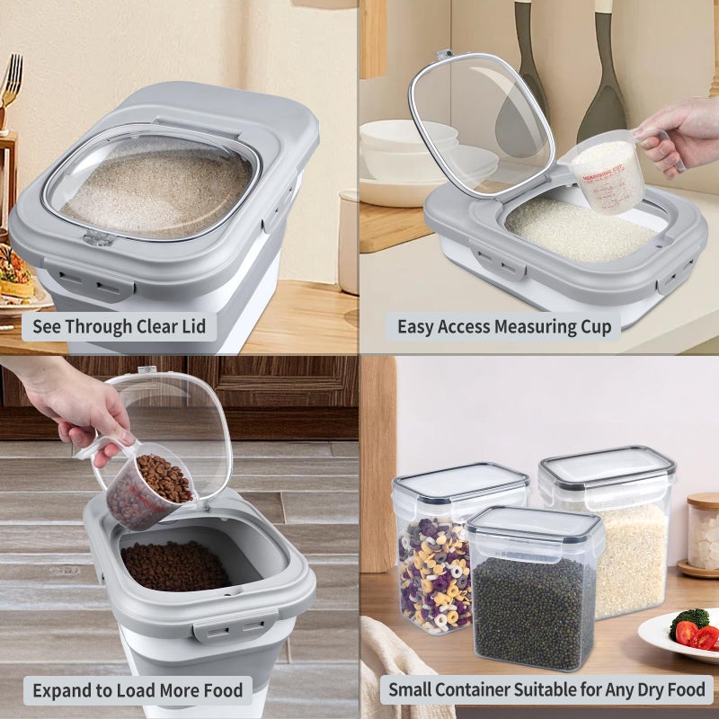 Komzon Rice Storage Container, Collapsible Airtight Food Storage Containers 6-20 Lbs, Rice Dispenser with Measuring Cup and Small Bin for Flour Cereal Pasta Grain, Cat Pet Dog Bird Food Container - Image 3
