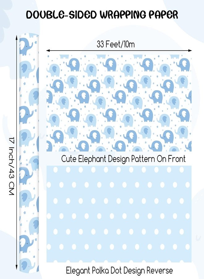 woric Reversible Baby Shower Wrapping Paper Roll 17 Inch x 33 Feet Blue Elephant Design Gift Wrapping Paper for Baby Shower, New Baby, Boy's 1st Birthday, Celebration - Image 2